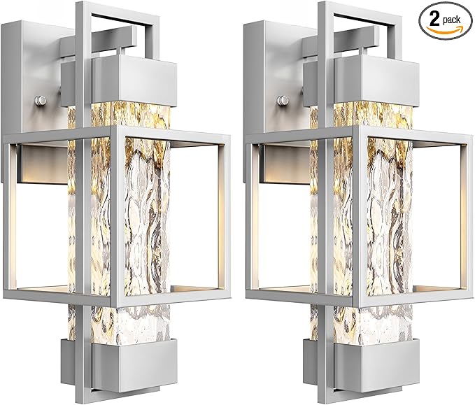 PARTPHONER Modern Outdoor Light Fixtures Dusk to Dawn Outdoor Lighting 2 Pack 15 Exterior Wall Sconce Waterproof Outside Porch Light for House with Water Glass for Garage Doorway Silver