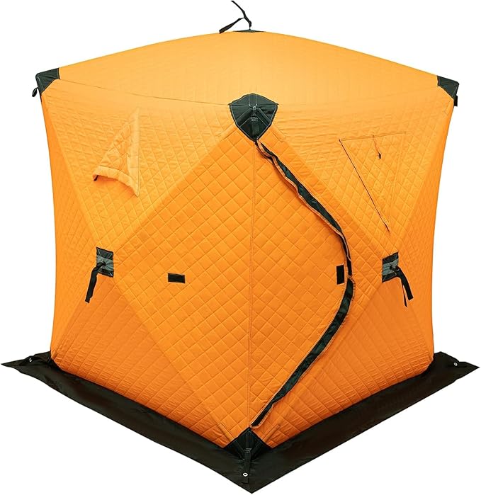 Portable Ice Fishing Tent 3 Person Shelter with Windproof Fabric Strips Protect Against Water/Cold Wind 35 Square Feet Insulated Area for Winter Fishing - Orange