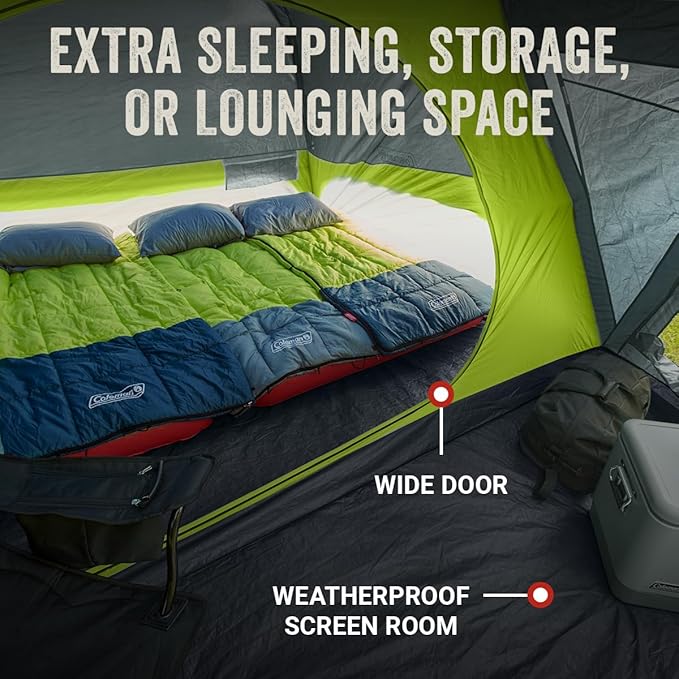 Coleman Skydome Camping Tent with Screened Porch &amp 5-Minute Setup Weatherproof 4/6/8 Person Tent with Rainfly &amp Carry Bag Made of PFAS-Free Materials
