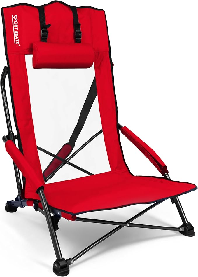 Beach Chair High Back Support Portable Folding Chair for Adults with Head Pillow Shoulder Straps for CampingConcertPicnicSports Events
