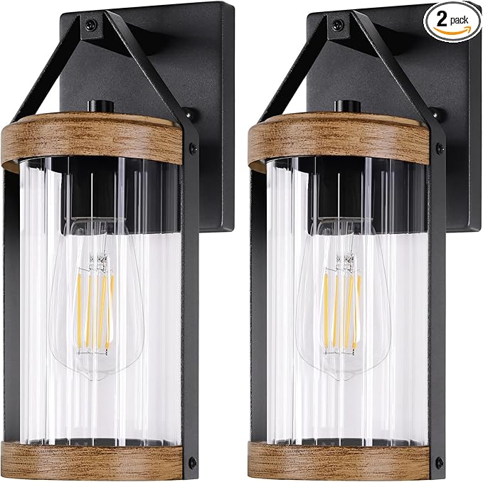 2-Pack Outdoor Light Fixtures Waterproof Modern Exterior Wall Lantern Porch Lights Black Wall Sconce with Clear Ribbed Glass Outside Light with Wood Texture for House Bulbs Not Included