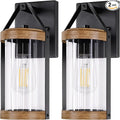 2-Pack Outdoor Light Fixtures Waterproof Modern Exterior Wall Lantern Porch Lights Black Wall Sconce with Clear Ribbed Glass Outside Light with Wood Texture for House Bulbs Not Included