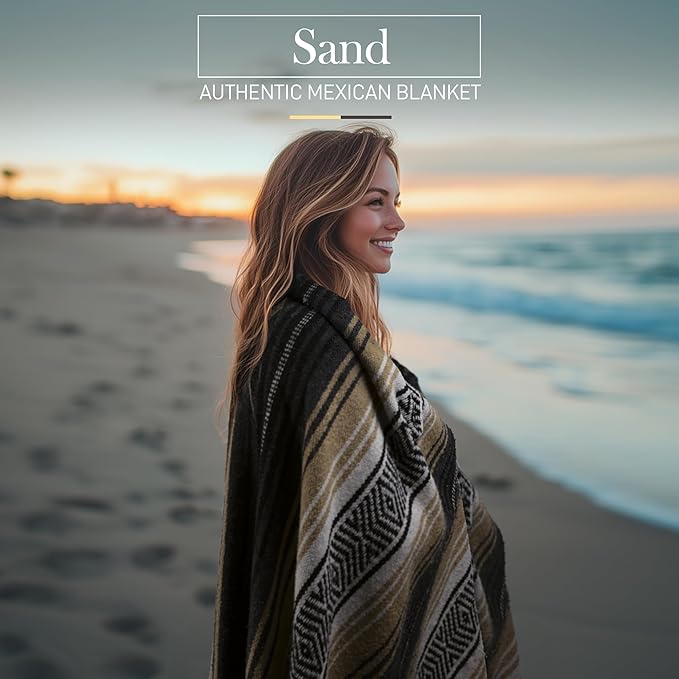 Authentic Large Handwoven Mexican Blanket - Soft Yoga Blankets - Durable Serape - Lightweight Falsa Blanket Beach Camping Picnic Equestrian Saddle Outdoor Blankets 70x50 - Sand