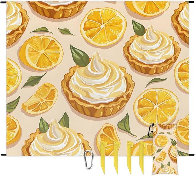 Waterproof Sandproof Beach Blanket 59''×68'' Lemon Cake Polyester Outdoor Picnic Blanket with 4 Stakes &amp Storage Bag for BeachCampingVacation Food