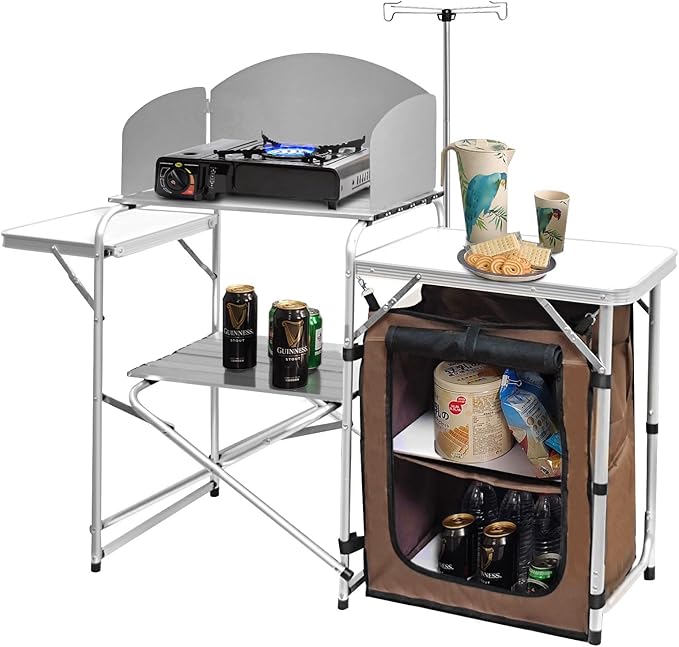 CampLand Folding Camping Kitchen Table with WindscreenPortable Outdoor Cooking Station with Storage Cabinet &amp Side Tables Heavy Duty Camp Cook Station for Camping &amp BBQ（White）