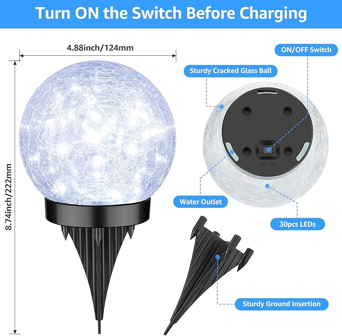 2-Pack Garden Solar Lights Outdoor Cracked Glass Ball Light Waterproof Decorative Solar Powered Globe Lighting Cool White for Yard Pathway