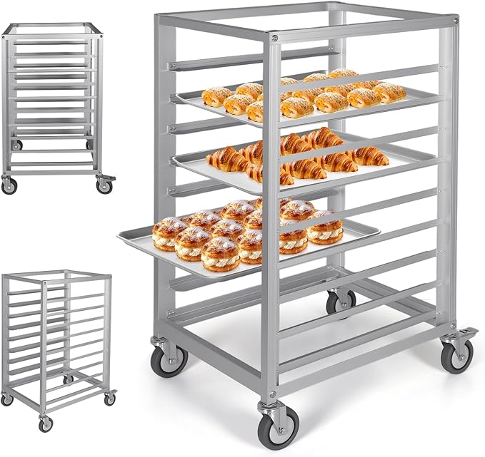 9 Tier 3 Inch Spacing Aluminium Storage Cooling Sheet Pan Rack with Brake Wheels Commercial Kitchen Bun Pan Sheet Pan Rack for Restaurant Cafeteria Pizzeria