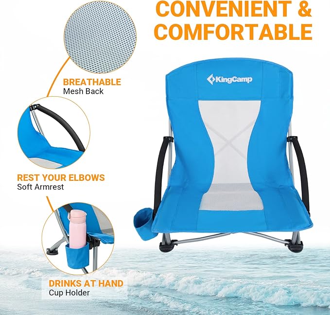 KingCamp Low Beach Chair High Back Folding Camping Chair for Adults Oversized Breathable Mesh Seat 300lbs Heavy Duty Portable Chair with Cup Holder &amp Storage Pockets for Beach Outdoor