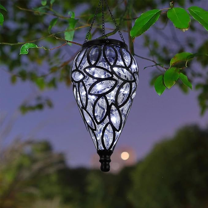 SUNNYPARK Outdoor Plastic Solar Hanging Lantern 15 Cool White LEDs Twinkle Effect Tear-Shaped Hanging Lantern Decor Garden Decorative Solar Lights for Backyard Patio and Lawn