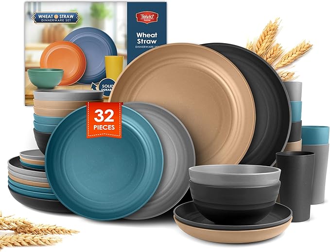 Teivio 32-Piece Kitchen Plastic Wheat Straw Dinnerware Set Service for 8 Dinner Plates Dessert Plate Cereal Bowls Cups Unbreakable Colorful Plastic Outdoor Camping Dishes Cerulean Hues