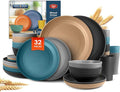 Teivio 32-Piece Kitchen Plastic Wheat Straw Dinnerware Set Service for 8 Dinner Plates Dessert Plate Cereal Bowls Cups Unbreakable Colorful Plastic Outdoor Camping Dishes Cerulean Hues