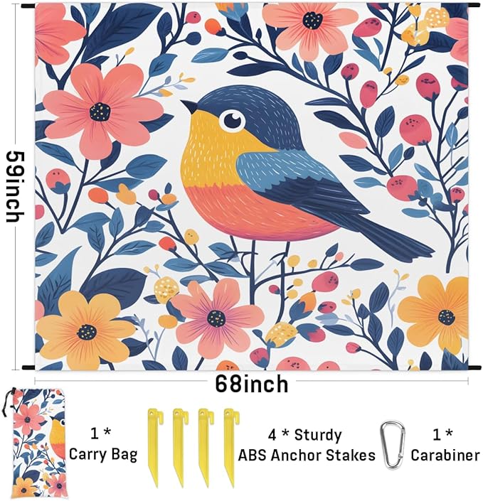 Waterproof Sandproof Beach Blanket 59''×68'' Animal-Bird Flower Polyester Outdoor Picnic Blanket with 4 Stakes &amp Storage Bag for BeachCampingVacation