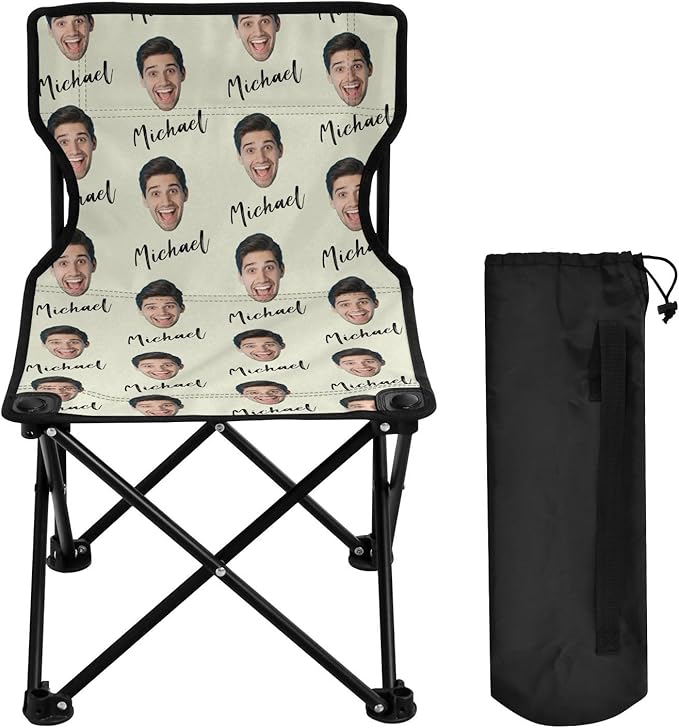 Sinestour Beige Custom Photo Folding Camping Chair for Teen Child Personalized Name 14.6×14.6in Portable Outdoor Chair with Carry Bag for Barbeques Picnic Travel
