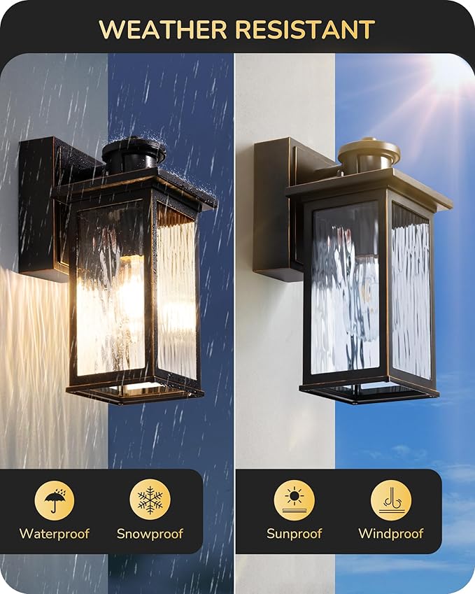 EDISHINE Outdoor Wall Light with GFCI Outlet Motion Sensor Exterior Lighting Fixture with Water Ripple Glass Waterproof Dusk to Dawn Outdoor Wall Sconce for Porch Front Door Garage Patio