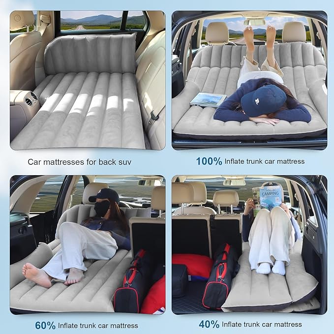 SUV Air Mattress with Double-Sided-Thick FlockedCar Mattress with Pump &amp PillowLeakproof Durable Car Air MattressCar Bed for Auto CampingRoad TripDouble-Sided Flocking（Black+Grey）