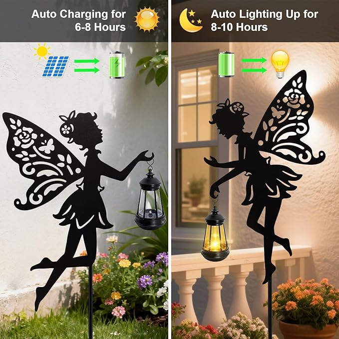 Solar Fairy Garden Statues Outdoor Decor 2 Pack Metal Fairy Figurine Light StakeHousewarming Ornament for Patio Lawn Yard Pathway - Unique Gift Ideas for Gardening Mom Grandma Birthday