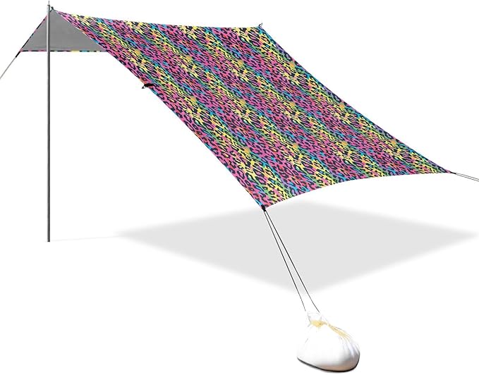 ALAZA Rainbow Leopard Cheetah Print Beach Tent Sun Shelter UPF50+ Protection Beach Shade Canopy w/ 4 Sandbags for Outdoor Camping Fishing Backyard Fun Picnic 10x9 ft