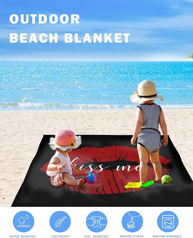 Beach Blanket Waterproof Sandproof Oversized Red Lip Print Kiss Me Beach Mat with Corner Stakes Sand Pockets Black Back Outdoor Picnic Mat for Travel Camping Hiking 83x79In