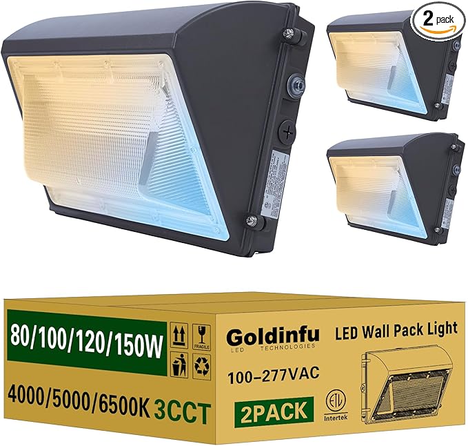 150W LED Wall Pack Light with Photocell 2Pack 4000/5000/6500K 3CCT 80/100/120/150W Selectable Commercial Security Lighting Outdoor LED Wall Lights for Parking Lot Warehouse Barn 100-277V ETL Listed