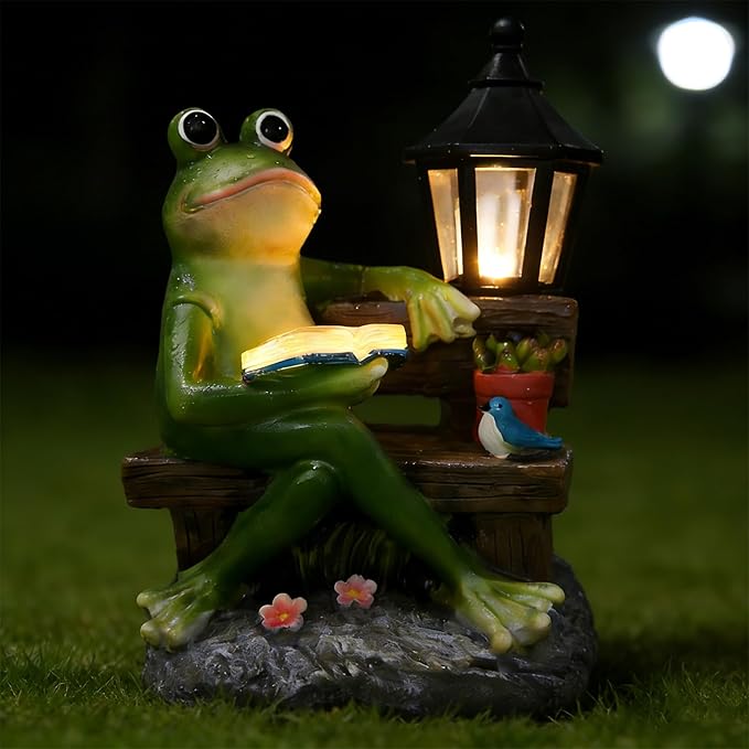 Reading Frog Solar Garden Statue with Lantern Light - Outdoor Decorative Resin Sculpture Weather-Resistant LED Solar Figurine for Yard Patio Garden Path Porch Ambience Lighting Decor