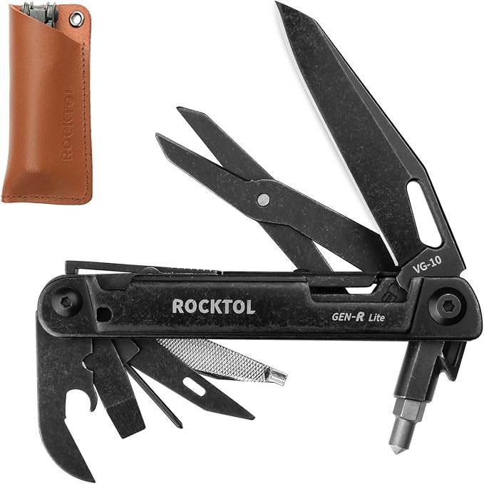 ROCKTOL Multitool Gen-R Lite Retro Black EDC Pocket Knife VG10 Blade Compact 15-in-1 Multi-tool with Screwdriver Large Scissors Glass Breaker Leather Sheath Lightweight for Hiking Camping