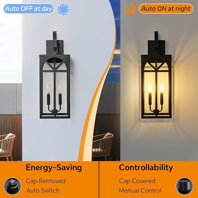 Dusk to Dawn Outdoor Wall Lighting 2 Packs 18 Large Exterior Matte Black Outdoor Sconce Lights Industrial Porch Wall Lantern Waterproof Modern Outdoor Light Lamp Fixture for Patio Entryway