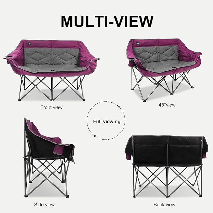 Northroad Folding Loveseat Camping Chair Portable Double Duo Full Padded Garden Sofa Chair for 2 Person w/ 2 Cup HolderWine Glass HolderSupport 600lbs for Outdoor Travel (Purple)