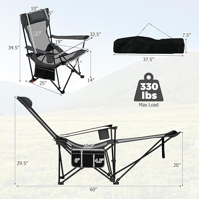 Goplus Camping Lounge Chair w/Detachable Footrest Folding Beach Chair w/4-position Backrest Carrying Bag Removable Pillow Cup Holder Storage Pouch Reclining Chair 330LBS Capacity (Grey1)