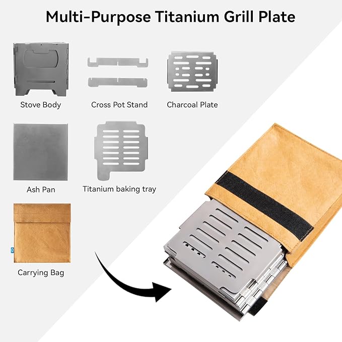 COOK'N'ESCAPE Portable Wood Burning Stove Foldable Stainless Steel Camp Burner with Titanium Grill Plate and Ash Tray Secondary Combustion Survival Gear for Hiking Outdoor Tent Camping Picnic BBQ