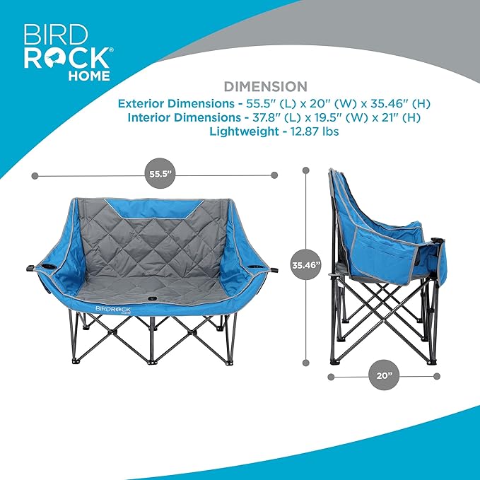 BIRDROCK HOME Double Camping Chair - Double Wine &amp Cup Holders - Blue &amp Grey Durable Padded Fabric Sturdy Frame 650 lb Cap. Storage Spacious Camping Sofa Loveseat for The Beach Sports O