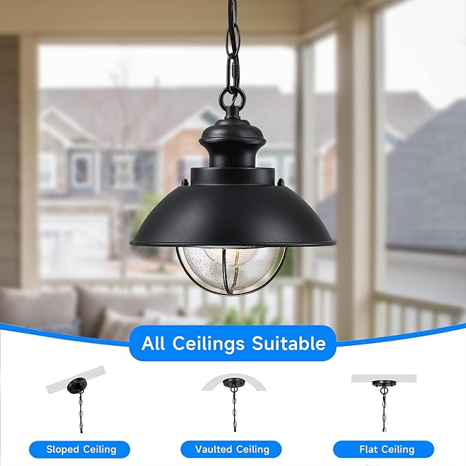 Outdoor Hanging Lights Farmhouse Exterior Pendant Light Lantern with Adjustable Chain Matte Black Outdoor Chandelier with Seeded Glass for Front Porch Gazebo Entryway Breezeway Pergolas