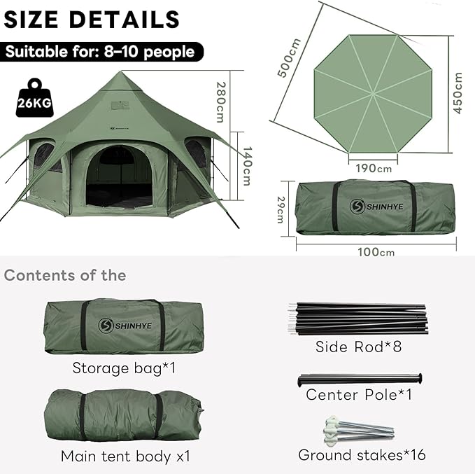 ShinHye 16.4ft Bell Tent for Glamping &amp Camping – Waterproof Canvas with Stove Jack Removable Floor &amp 8 Mesh Windows (Fits 6-8 People)