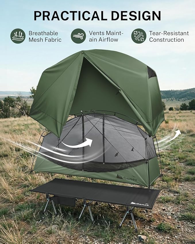Gonex Camping Tent Cot for Adults 1-Person Off-Ground Folding Portable Easy Set-up Tent Cot Combo for Hiking Backpacking Car &amp Motorcycle Camping(31.5 W X 78.7 L)-Army Green