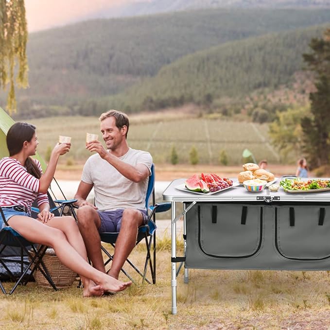 Goplus Folding Camping Table with Storage Aluminum Outdoor Camp Table with 2-Level Adjustable Height Lightweight Portable Foldable Picnic Table for Tailgating Beach BBQ Party RV