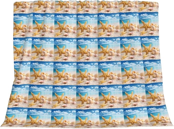 Starfish Seashell Ocean Beach Print Anti-Pilling Flannel Throw Blanket Lightweight Travel Home Decor Blanket Gifts