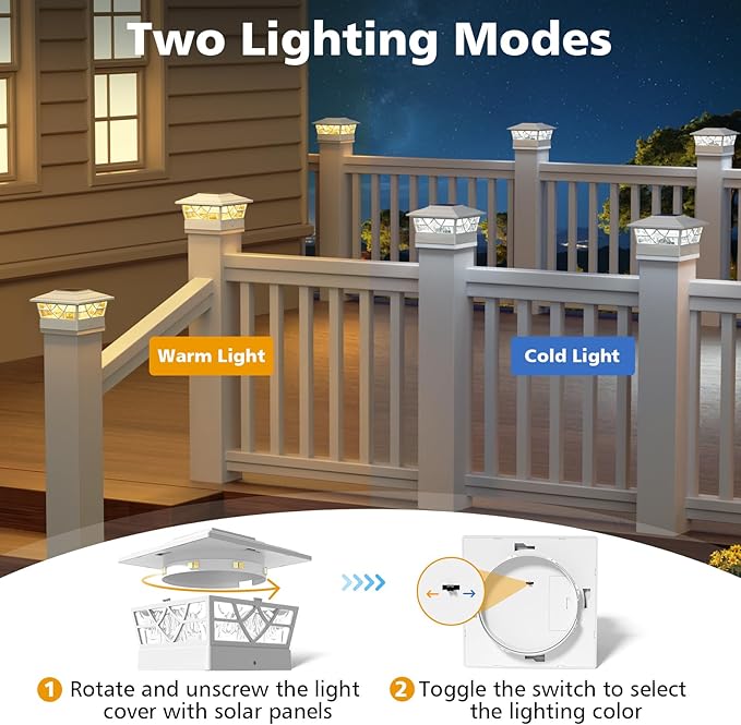 NIORSUN Solar Post Lights Outdoor 4 Pack 2 Modes LED Deck Fence Post Solar Lights for 3.5x3.5 4x4 5x5 5.5x5.5 Caps Patio Garden Decoration White