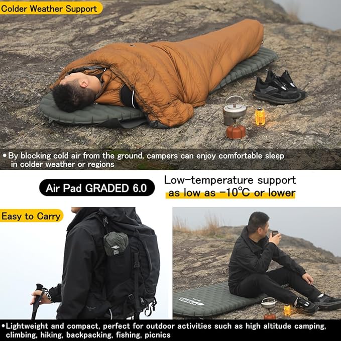 Camping Air Pad Graded 6.0 High R-Value 6 Insulation Warmth Comfort Compact Lightweight Air Mat Pump Bag Included Backpacking Climbing Outdoor Car Camping Inflatable Sleeping Pad