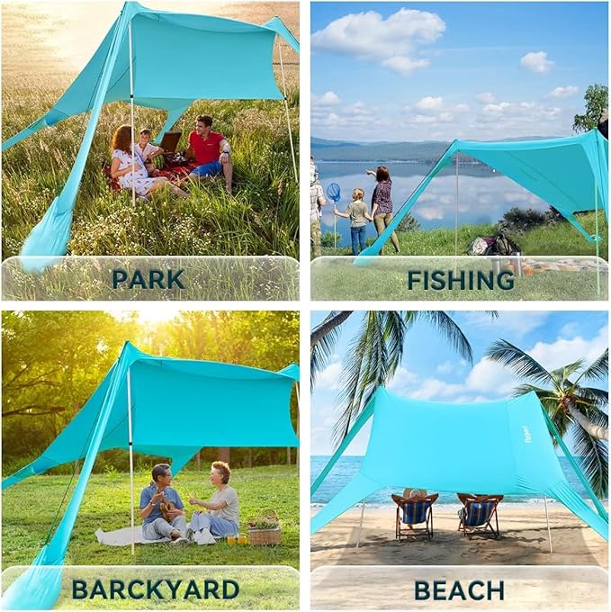 FBSPORT Beach Tent Sun Shelter Portable Beach Shade Canopy UPF50+ with Sandbags for Outdoor Family Camping Fishing Backyard Fun Picnic 7 x 7ft