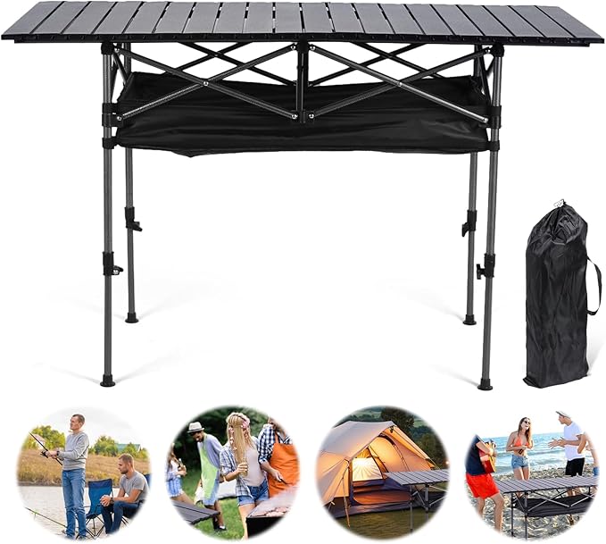 Outdoor Folding Table with Carrying Bag Roll-Up Rectangular Table Large Capacity Ultralight Dinner Desk for Picnic Camping Trip Beach BBQ