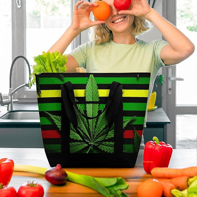 Insulated Shopping BagLarge Reusable Cooler Bags Weed Striped Printed Foldable Shopping BagTravel Waterproof Shoulder Bag