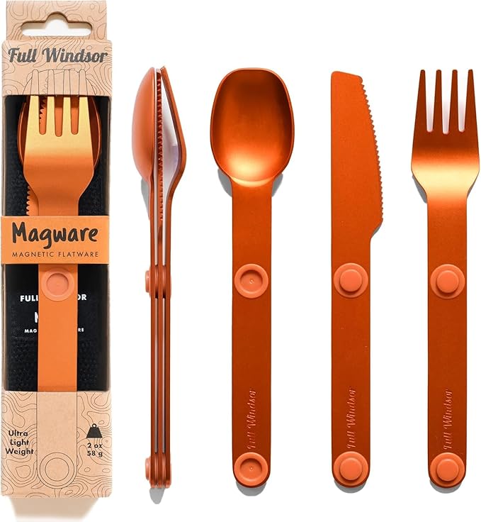 FULL WINDSOR - MAGWARE Magnetic Camping Cutlery Set - Travel Utensils for Camping Cooking and Outdoor Dining - Knife Fork &amp Spoon - Portable Silverware with Pouch for Backpacking - Orange (3 PC