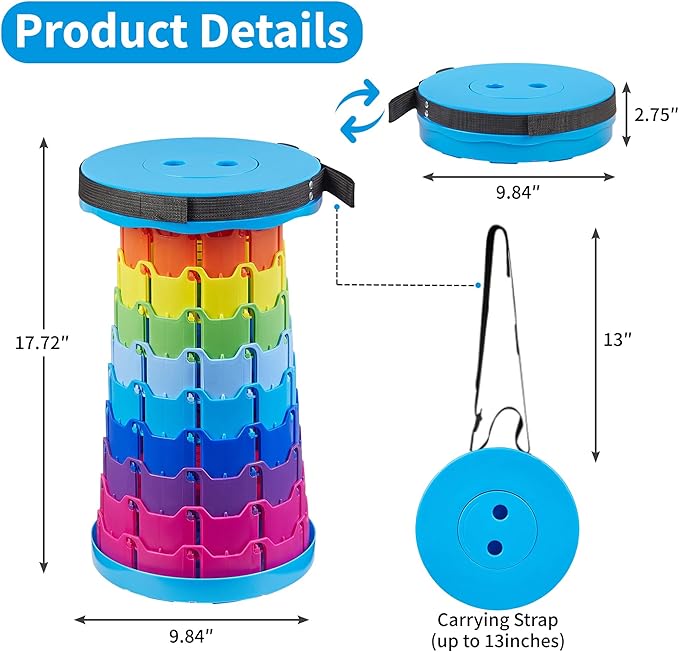 VECELO Telescoping Folding Stool Upgraded Portable Collapsible Retractable Stool with Load Capacity 400lbs for Garden Fishing Camping Hiking BBQ 1 PCS Rainbow Blue