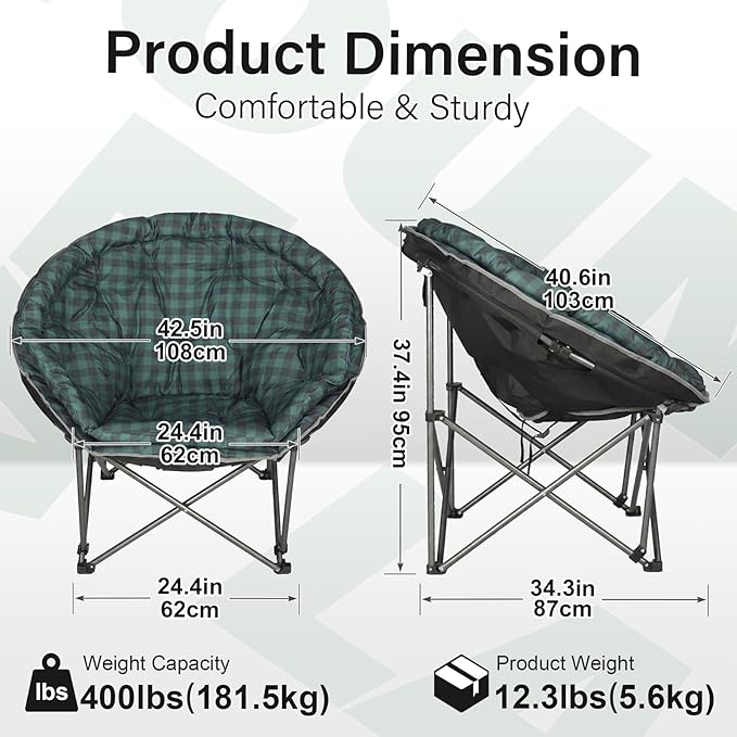 Oversized XXL Folding Round Camping ChairSuper Comfy Padded Moon Camp ChairsHeavy Duty Supports 200 Kg Outdoor Lawn Chairs for AdultsPerfect for IndoorFamily CampingHikingPicnics and Garden