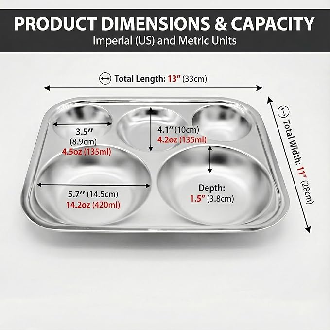 Korean Stainless Steel Divided Plates for Adults Teens Premium 304 Electro-Polished No Black Residue BPA-Free Large 5-Compartment Food Tray Diet Portion Control Camping Set of 2