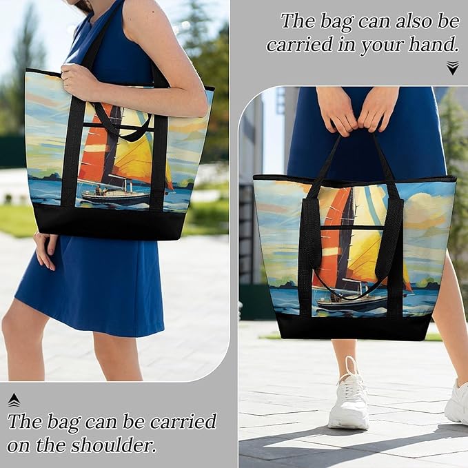 Insulated Shopping BagLarge Reusable Cooler Bags Colorful Sail Boat Printed Foldable Shopping BagTravel Waterproof Shoulder Bag