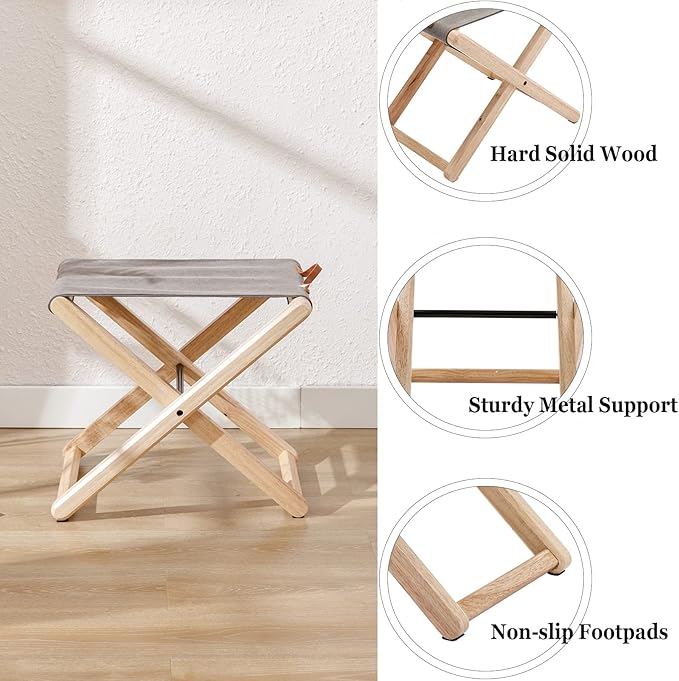 Wood Folding Camping Stools Set of 4 18.5 Hardwood Portable Fishing Folding Stool with Heavy Duty Metal Support Canvas Camp Stool Foldable Footstool for Outdoor Hiking Picnic BBQ Grey