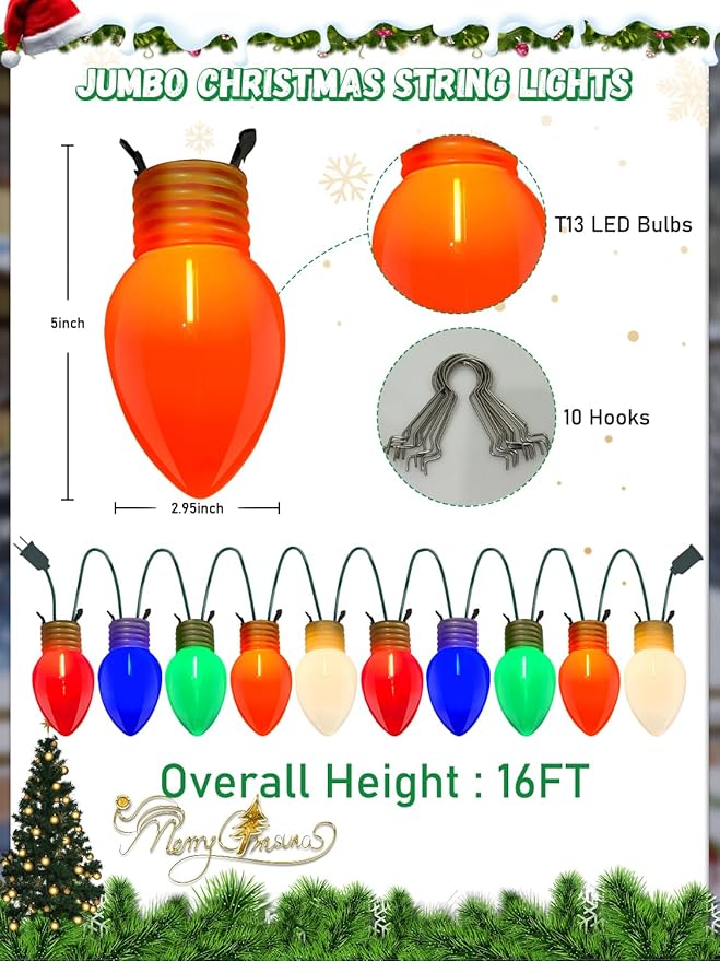 SUNSGNE Jumbo Christmas Lights 16FT Large Christmas Lights with 10 Count 5'' LED Giant Multicolor Bulbs C7 Big Bulb Vintage Christmas Light for Holiday Home Tree Roof Yard Garden Decor Green Wire