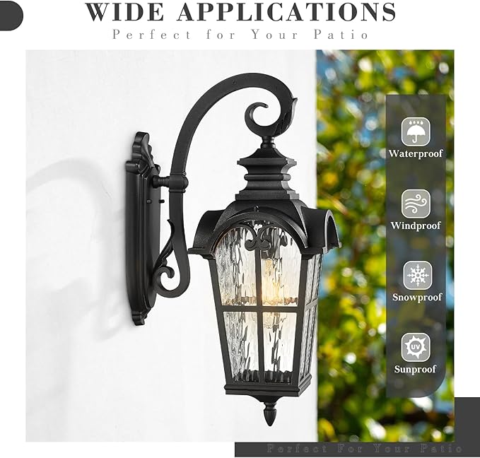 Emliviar Porch Outdoor Wall Lantern Vintage Wall Mount Light Fixture with Water Ripple Glass Matte Black Carriage Light for Yard Barn Patio WE215BM-SW BK