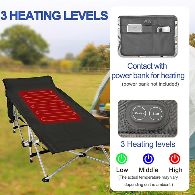 BESTHLS Heated Camping Cot for Adult 600D Oxford Portable Sturdy Sleeping Cot with Carry Bag Portable Cots for for Home Office Nap Beach Travel Black