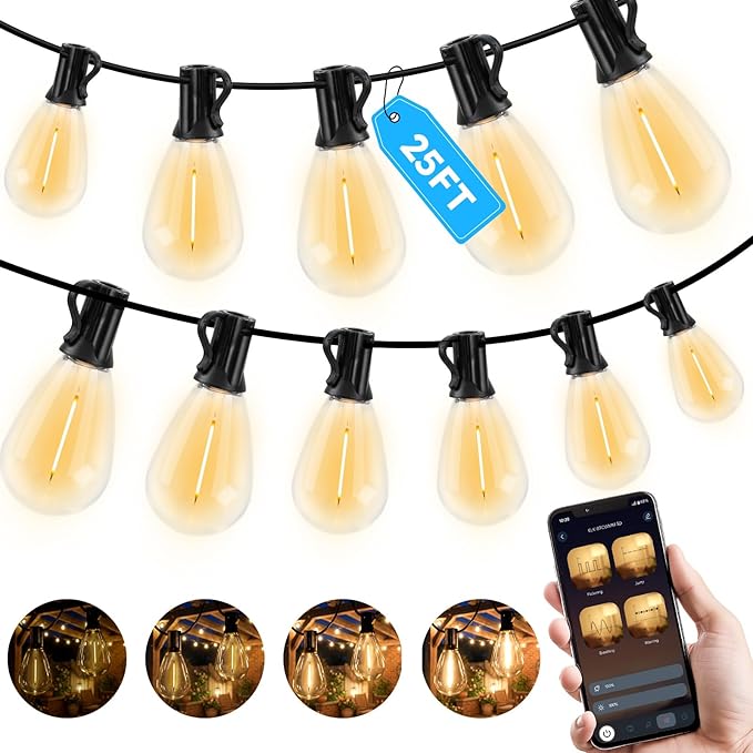 25FT Outdoor String Light with S11 Plastic Bulbs Low-Voltage LED Patio Lights with App &amp Remote Music Sync 4 Lighting Modes Dimmable &amp Waterproof for Backyard Porch Garden Deck Party
